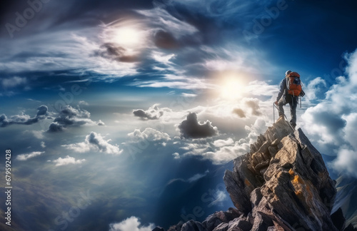 Generative AI image of a climber wearing professional mountaineering attire is struggling to climb to the top of the mountain, close-up shot, sunny, blue sky and white clouds