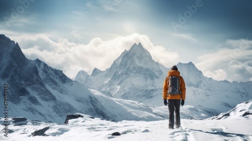 snow mountain in background taken from behind rear angle shot of a travler person 