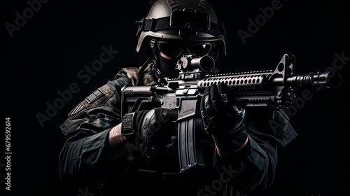 Special forces soldier with rifle on black background 