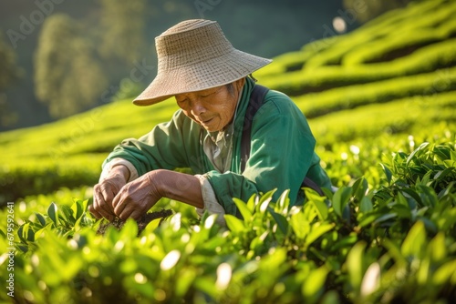 Farmers collecting tea at tea plantation. AI Generated © dark_blade