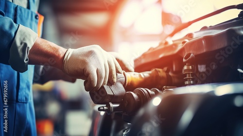 Auto mechanic working on car engine in auto repair shop. Car service and maintenance concept. photo