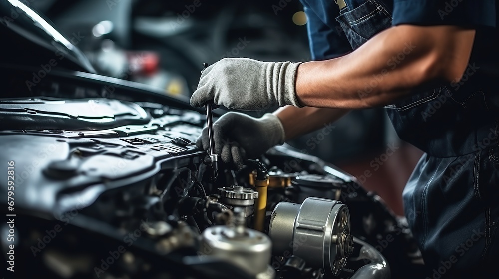 Auto mechanic working on car engine in auto repair shop. Car service and maintenance concept.