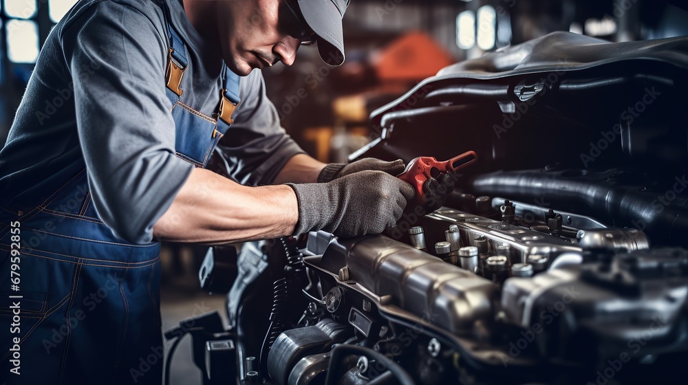 Auto mechanic working on car engine in auto repair shop. Car service and maintenance concept.