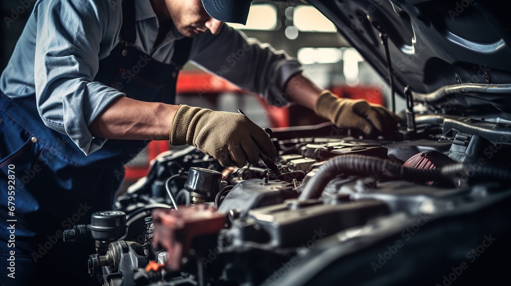 Auto mechanic working on car engine in auto repair shop. Car service and maintenance concept. Auto mechanic working on car engine in auto repair shop. Car service and maintenance concept.