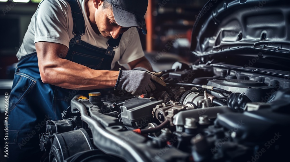 Auto mechanic working on car engine in auto repair shop. Car service and maintenance concept. Auto mechanic working on car engine in auto repair shop. Car service and maintenance concept.