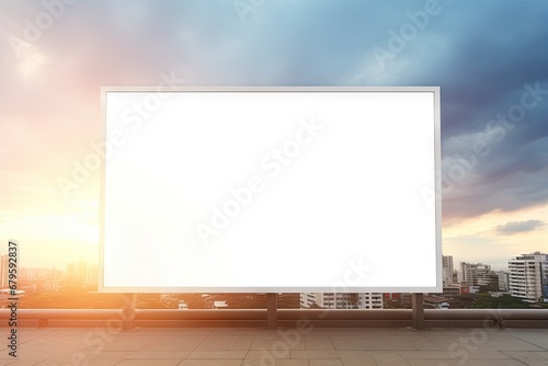 white blank advertising billboard. street mockup panel. digital lightbox poster ad banner board. bus shelter advertising. green park background. vertical format sign. Generated AI