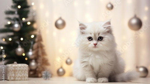 Cute white fluffy kitten sitting and looks at the camera, surrounded by a Christmas-decorated room in a modern Scandinavian style. Minimalist festive holiday decor, warm and inviting atmosphere. 