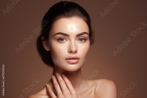 smiling woman enjoying beauty treatment on brown background. AI Generated