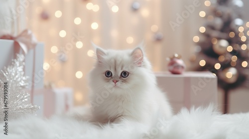 Cute white fluffy cat lying and looks at the camera, surrounded by a Christmas-decorated room in a modern Scandinavian style. Minimalist festive holiday decor, warm and inviting atmosphere. 