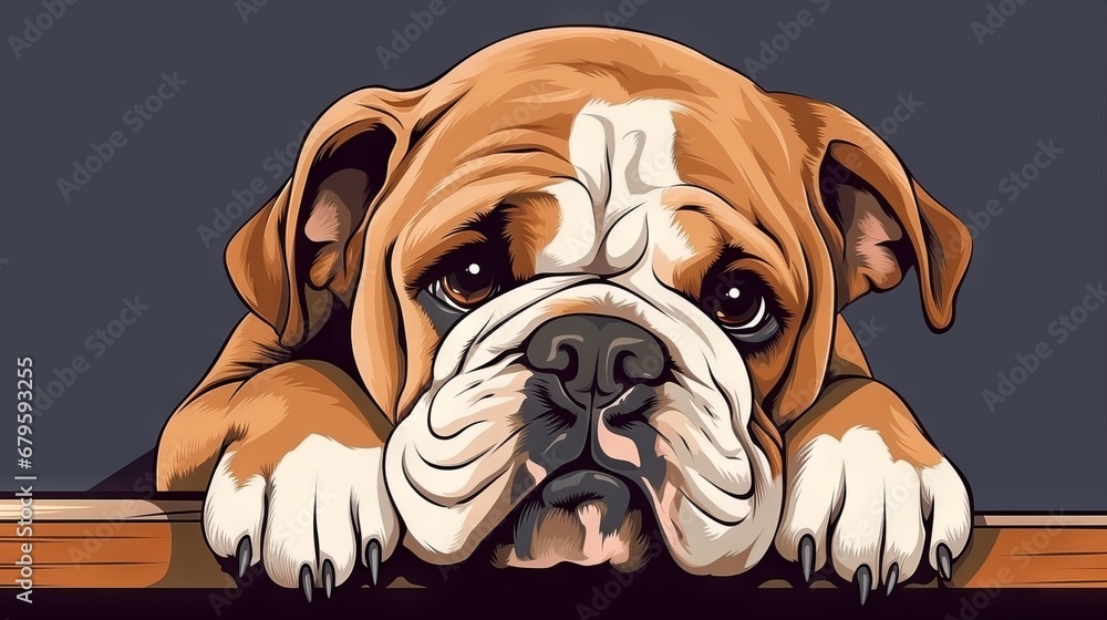 Vector illustration. Funny cartoon. A portrait of a sad bulldog who works hard and does not rest. With an inscription. Drawing for t-shirts, postcard