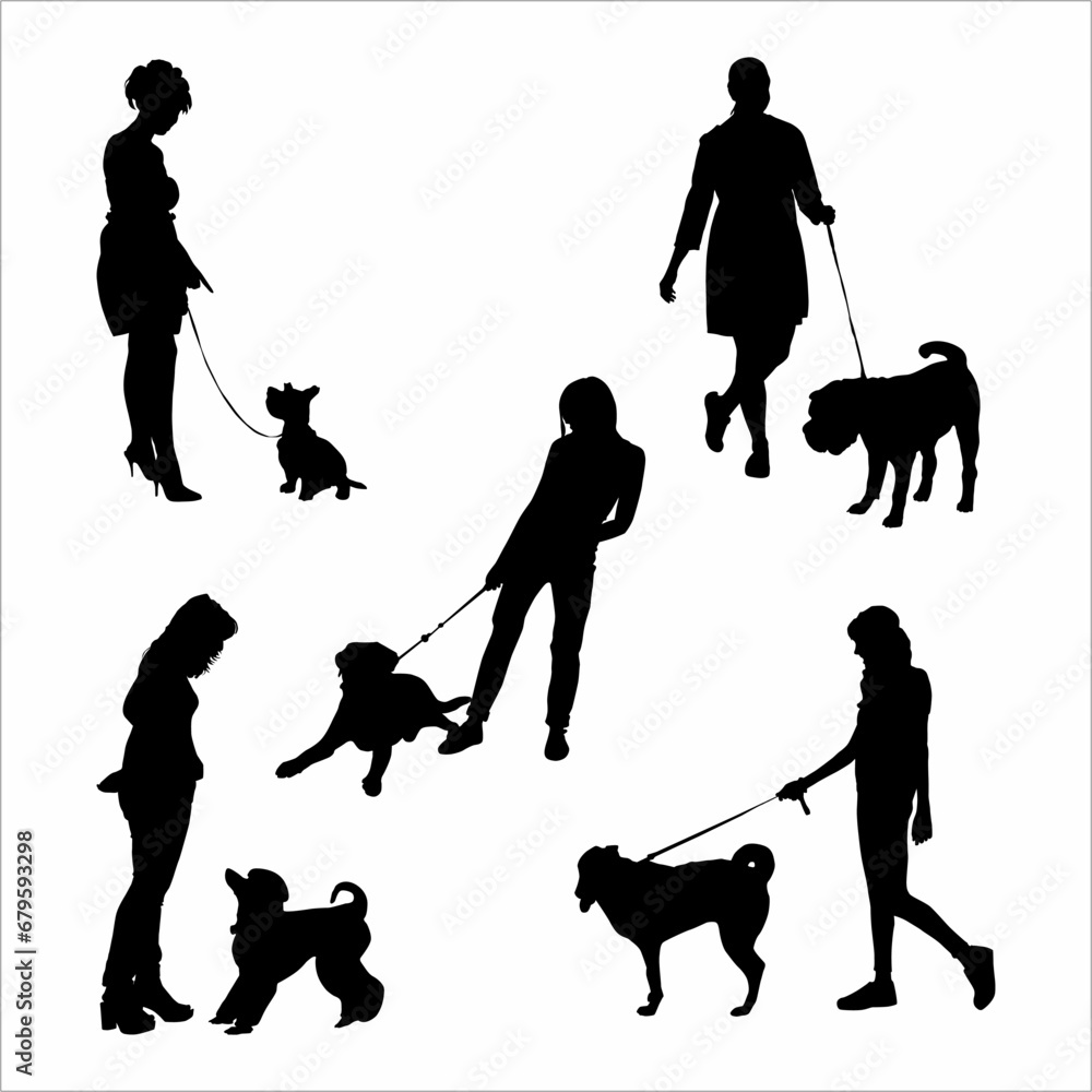 Collection of silhouettes of a woman with a dog Collection of silhouettes of a woman with a dog