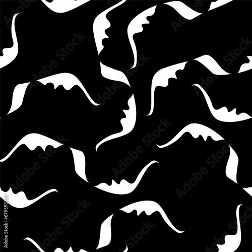 Monochrome Silhouette of a kissing couple - black and white seamless pattern. Tender and sentimental couple of lovers before a sensual kiss during intimacy.