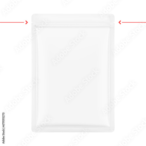 Sachet mockup with zip lock and tear notch. Hyper realistic. Vector illustration isolated on white background. Flat lay view. Packaging for cosmetic, food, pet. Ready for your design. EPS10.