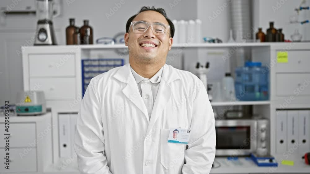 Sparkling smile on a confident young chinese man, a specializing scientist, standing proud in his lab amidst the intricacies of science Sparkling smile on a confident young chinese man, a specializing scientist, standing proud in his lab amidst the intricacies of science
