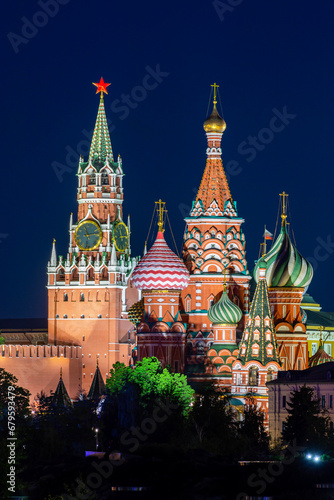 Cathedral of Vasily the Blessed (Saint Basil's Cathedral) and Spasskaya Tower of Moscow Kremlin on Red Square at night, Russia