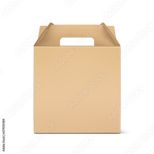 Carry craft box with handle for transport and sell your quality product mockup. Vector illustration isolated on grey background. Easy to use for presentation your product, idea, promo, design. EPS10.