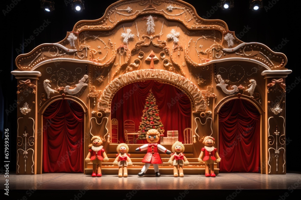 Nutcracker ballet on a stage made of giant gingerbread cookies. 