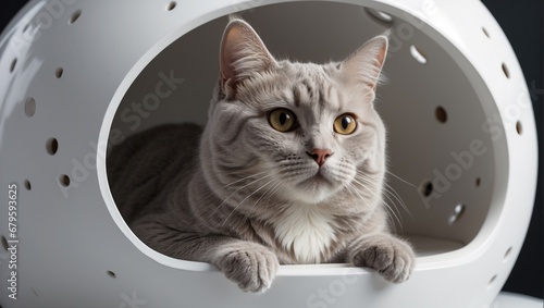 Scottish Beautiful cute cat in minimal house. cat eyes. grey cat wallpaper background, cat eyes, white house 
