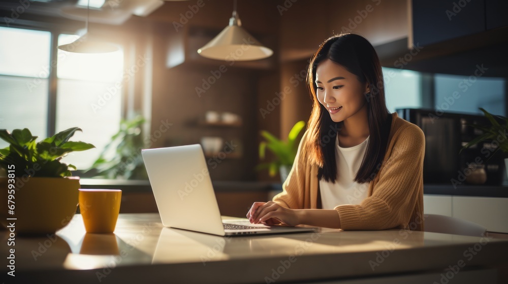 young chinese woman with laptop at home young chinese woman with laptop at home