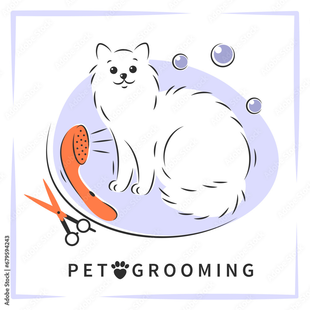 Pet grooming. Cartoon cat character with different tools for animal hair grooming. Pet care salon. Vector illustration Pet grooming. Cartoon cat character with different tools for animal hair grooming. Pet care salon. Vector illustration