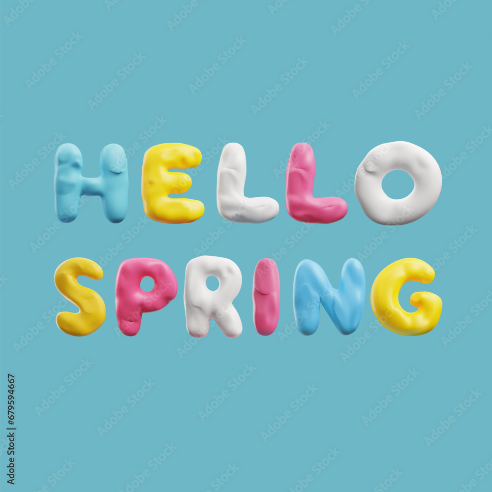 Hello spring text from molded plasticine on color background.