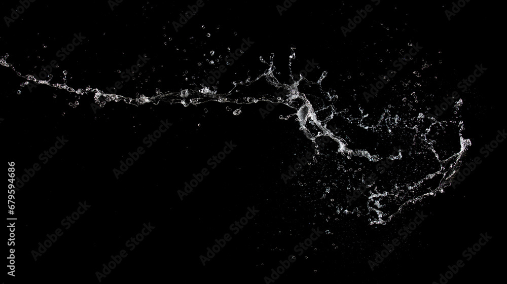 Obraz premium Shape form throw of Water splashes into drop water attack fluttering in air and stop motion freeze shot. Splash Water for explosion texture graphic resource elements, black background isolated