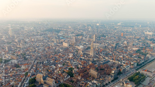 Antwerp, Belgium. Panorama overlooking the Cathedral of Our Lady (Antwerp). Historical center of Antwerp. City is located on the river Scheldt (Escaut). Summer morning, Aerial View © nikitamaykov