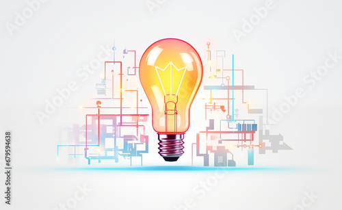 Glowing light bulb against a digital background with binary code. Neon lights. Symbolize the intersection of innovation and technology.