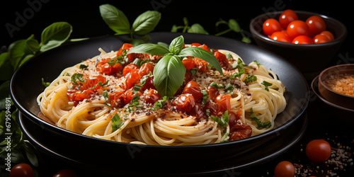 Leckere Spaghetti mit Basilikum und Parmesan auf dem Teller wunderschön angerichtet im Querformat für Banner, ai generativ