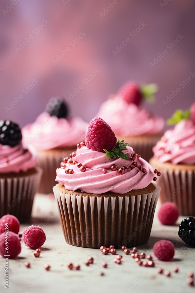 healthy cupcakes with berries and cream, modern food photograthy, food blog, vertical