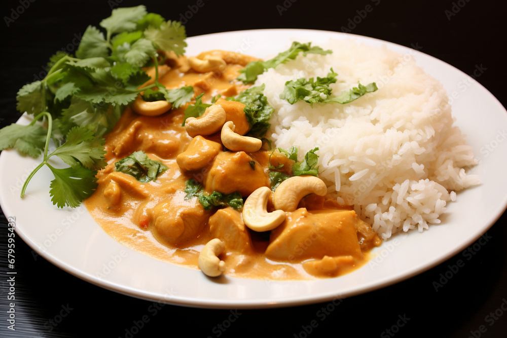 Exotic Fusion: Flavorful Chicken and Cashew Curry Served Over Rice, Topped with Cilantro and Green Onion Exotic Fusion: Flavorful Chicken and Cashew Curry Served Over Rice, Topped with Cilantro and Green Onion
