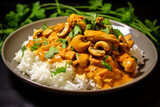 Exotic Fusion: Flavorful Chicken and Cashew Curry Served Over Rice, Topped with Cilantro and Green Onion