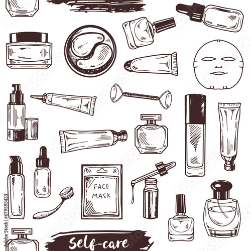 Seamless pattern of hand-drawn doodle cosmetics, beauty, self-care elements. Illustration for beauty salon, cosmetic store, makeup design. Engraved image.