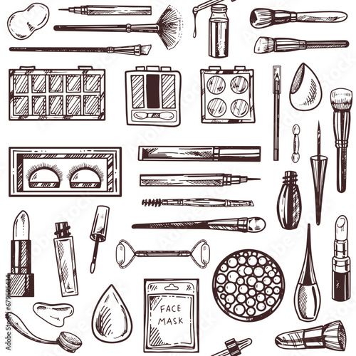 Seamless pattern of hand-drawn doodle cosmetics, beauty, self-care elements. Illustration for beauty salon, cosmetic store, makeup design. Engraved image.