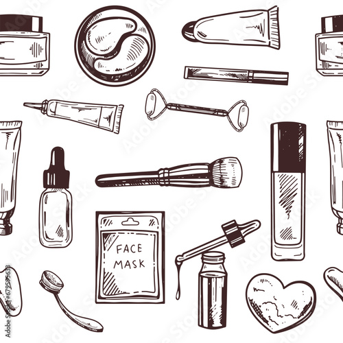 Seamless pattern of hand-drawn doodle cosmetics, beauty, self-care elements. Illustration for beauty salon, cosmetic store, makeup design. Engraved image.