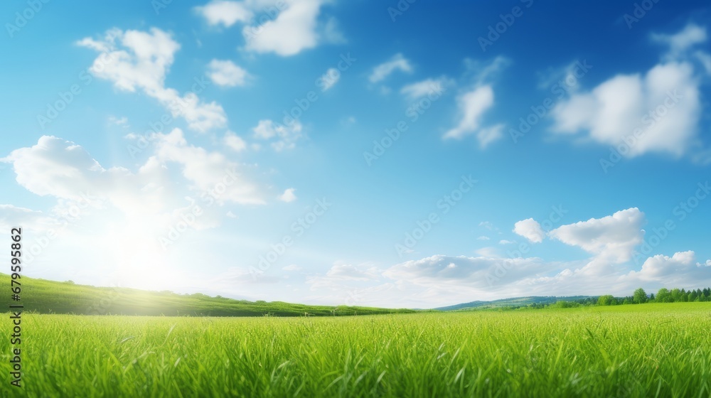 Beautiful panoramic natural landscape of a green field with grass against a blue sky with sun. Spring summer blurred background.