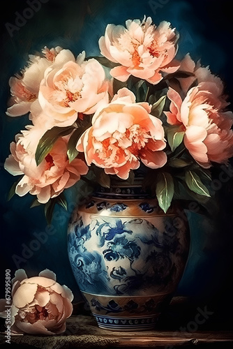 Bouquet of peonies in ceramic vase on dark background, still life, watercolor painting © tynza
