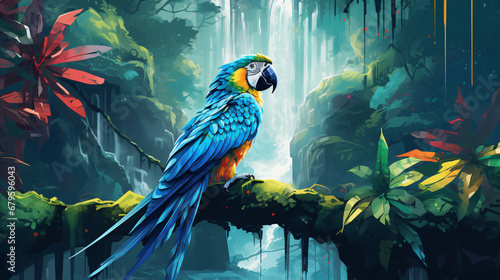 Generative AI illustration of blue parrot sitting on tree