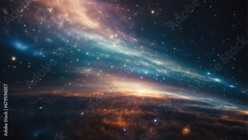 Cosmic background with abstract rays of light. Journey through the universe  galaxies  planets and stars. Time and space concept.