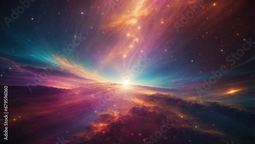 Cosmic background with abstract rays of light. Journey through the universe  galaxies  planets and stars. Time and space concept.