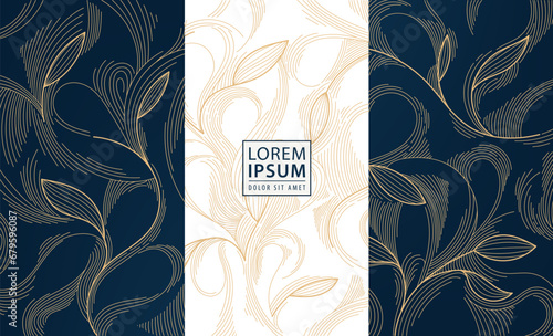 Vector set of floral gold design backgrounds, line luxury art deco leaves labels, frames, banners. Use for wine, cosmetic, lotion, soap, chocolate package
