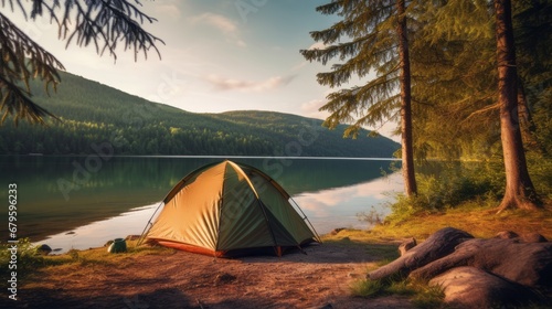 Camping tent with lake background. 