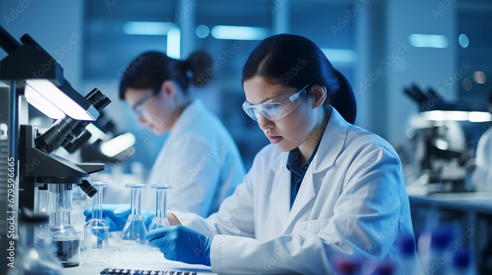 Dedicated Researcher in Modern Laboratory The cool blue tones and crisp lighting highlight the cutting edge nature Dedicated Researcher in Modern Laboratory The cool blue tones and crisp lighting highlight the cutting edge nature