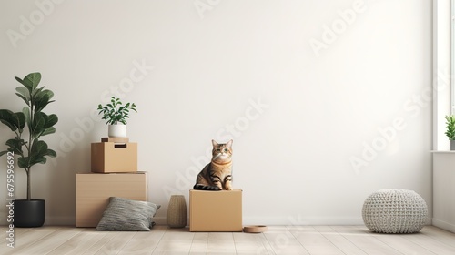 Cat moving in new house with boxes on the floor photo