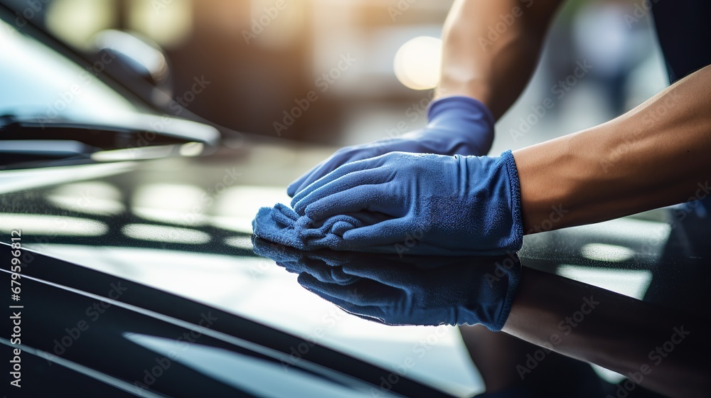 Close-up of hands in gloves cleaning car with microfiber cloth. Car detailing Close-up of hands in gloves cleaning car with microfiber cloth. Car detailing