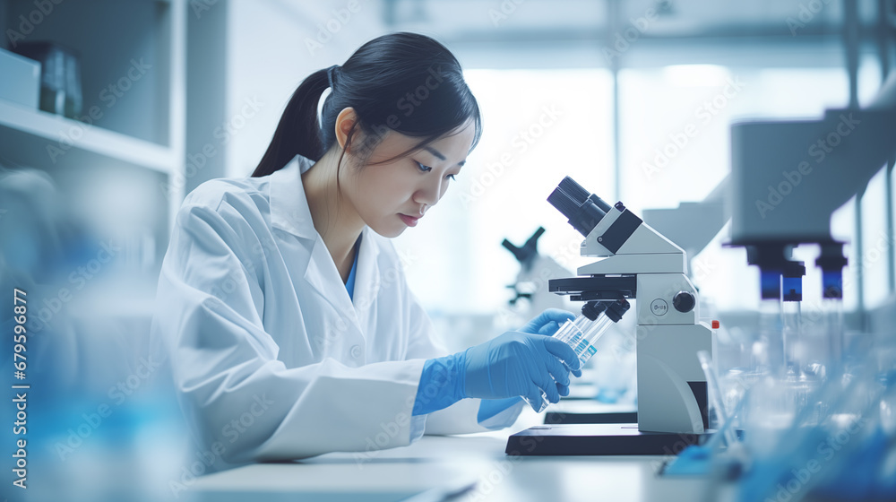 Dedicated Researcher in Modern Laboratory The cool blue tones and crisp lighting highlight the cutting edge nature Dedicated Researcher in Modern Laboratory The cool blue tones and crisp lighting highlight the cutting edge nature