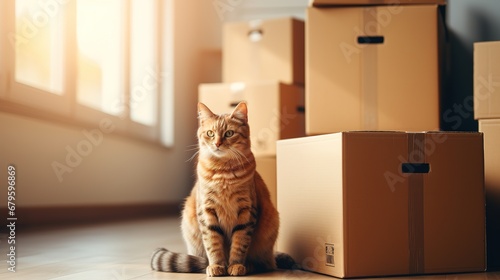 cat sitting on the floor with boxes in the background, moving concept
