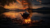 he fire and the pot on a background of lake
