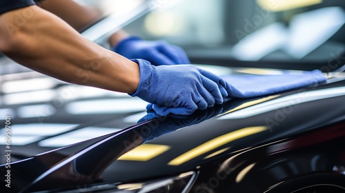 Close-up of hands in gloves cleaning car with microfiber cloth. Car detailing