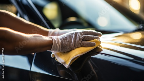 Close-up of hands in gloves cleaning car with microfiber cloth. Car detailing © ffunn